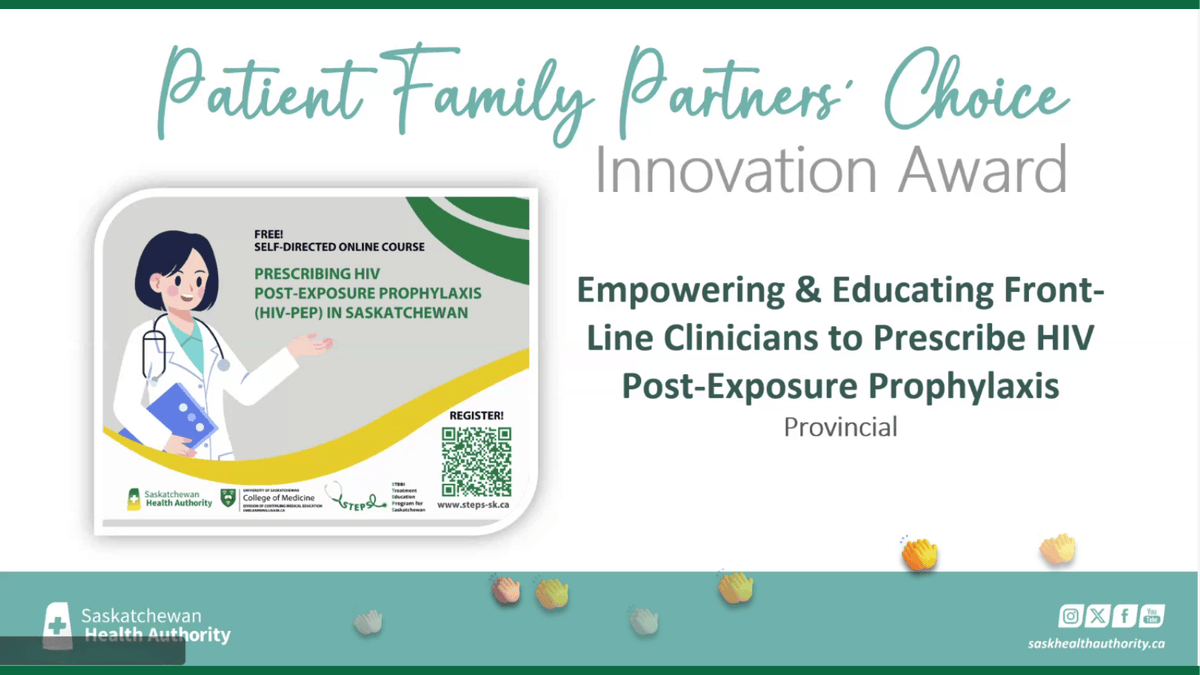 usask_CME's tweet photo. We’re proud to share the HIV PEP Education Project received the Patient &amp; Family Partners’ Choice @SaskHealth Innovation Award! This initiative improves access to HIV prevention treatment in emergency &amp; urgent care across SK. 
Prescribing HIV PEP in SK: https://t.co/7PIlFaDNXo. https://t.co/d34R7uWOde