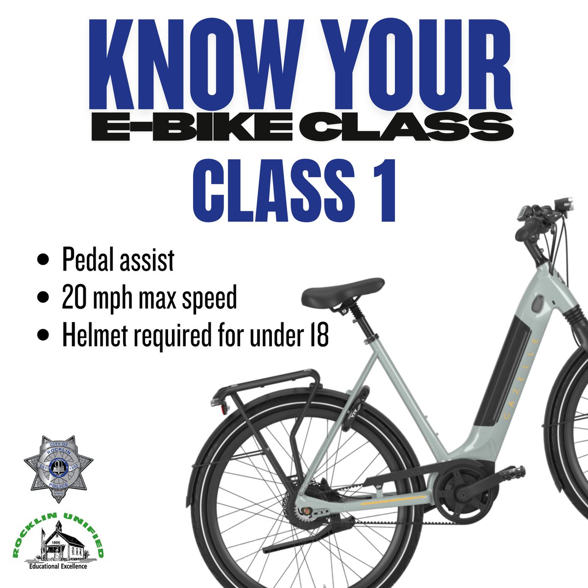 RocklinPolice's tweet photo. 📢📢Considering an e-bike?  Know your e-bike class before you buy!

E‑bike laws in California:
🛴Class 1 (pedal assist) & class 2 (throttle assist) up to 20 mph: Can be operated in the bike lane and on the sidewalk in Rocklin.  Helmet required for riders under the age of 18.
🛴Class 3 (pedal‑assist up to 28 mph): Riders must be 16+.  Helmet required for all ages, and ride only in the bike lane or street.
🛴E-scooters: requires a license or permit.  Helmet required.  Cannot ride on the sidewalk
🛴OHV: off highway only, not street legal
Licenses are not required for e-bike class 1-3, though class 3 is limited to 16+
All e-bikes classes are not allowed in Rocklin parks/trails or on the pump track.

Safety reminders:
🛴 Always wear a properly fitted helmet
🛴 Ride in the bike lane WITH the flow of traffic
🛴 Ride respectfully (knock off the showboating!), watch for pedestrians, and obey traffic signals

More information here: https://t.co/7TUgdf3Zby