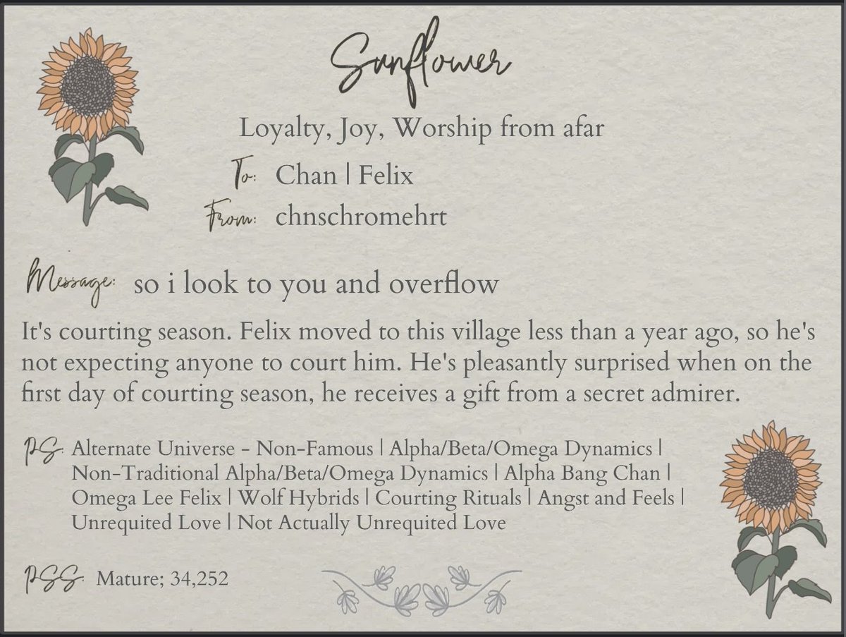 skzbloomfest's tweet photo. so i look to you and overflow by chnschromehrt Sunflower 
🐺/🐥
Rated M / 34.3k 
https://t.co/Bno0uF99ci https://t.co/S9IeN5I1OD