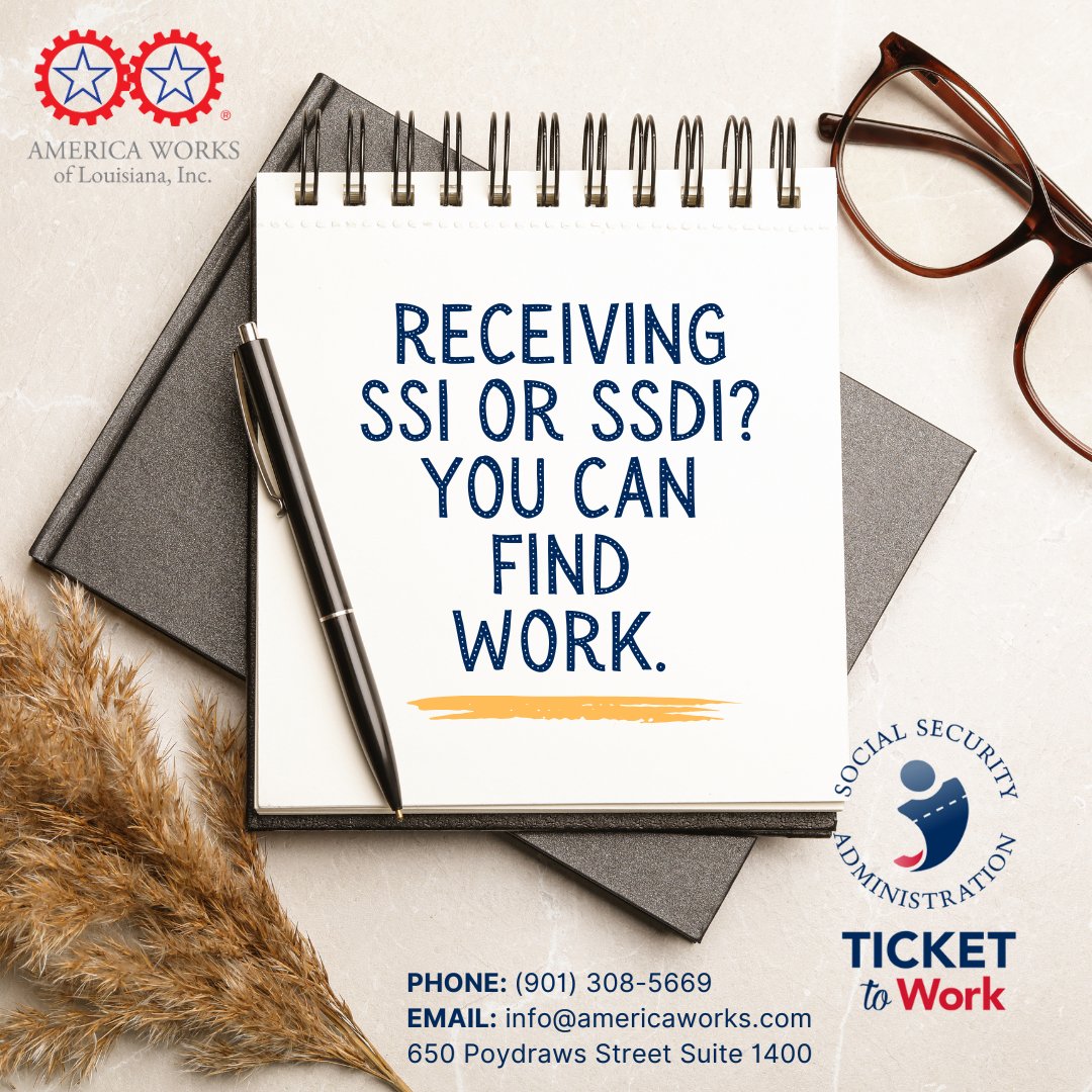 AmericaWorksLA's tweet photo. If you receive SSI or SSDI, you may be able to work and keep the support you need. 🎉

Call our New Orleans Ticket to Work Representative at (901) 308-5669 to learn more about our FREE program for SSI/SSDI recipients ages 18-64 📞 https://t.co/MQxkfS7XbF