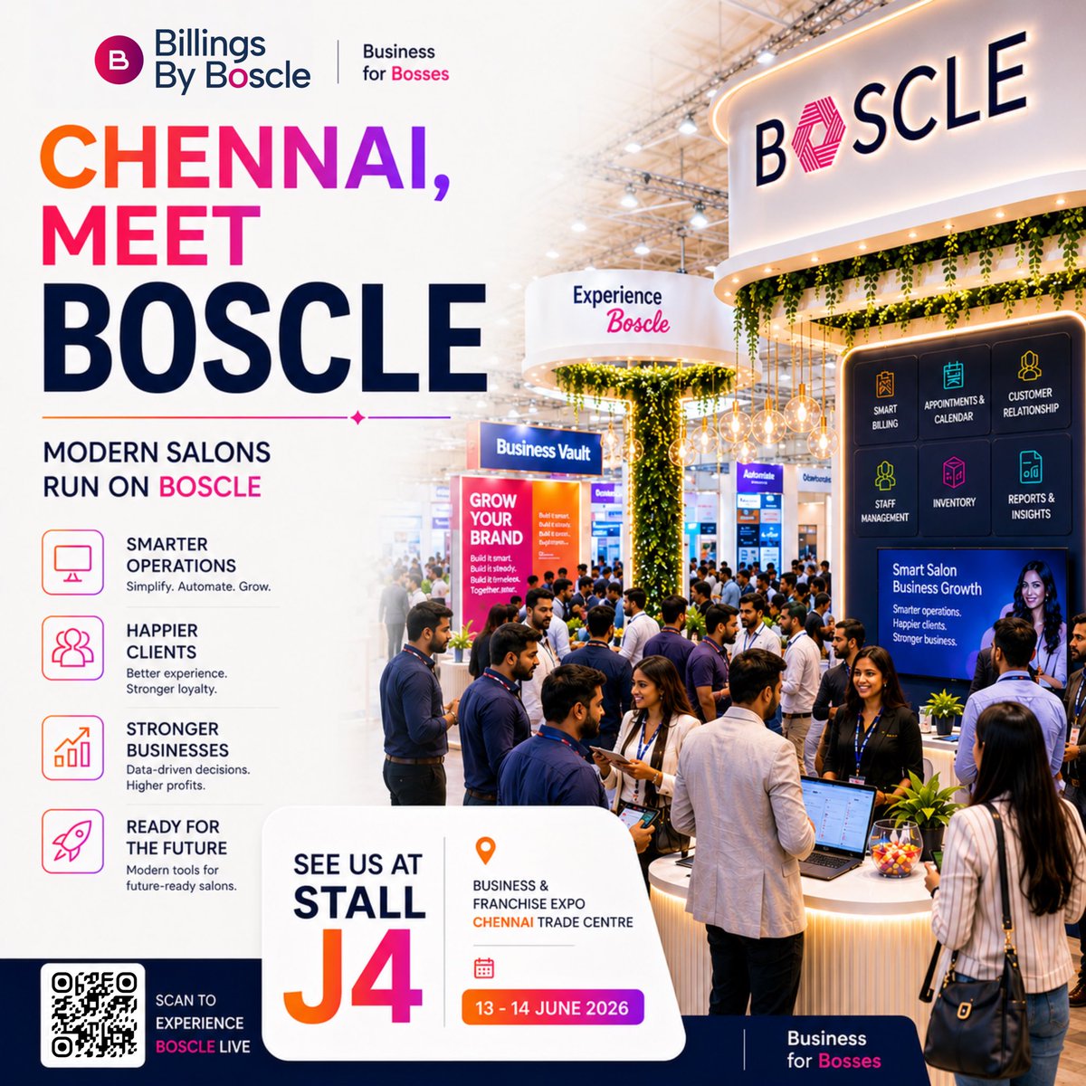 Rahman1530's tweet photo. Chennai, meet Boscle Billings 🚀

Modern salons run smarter with Boscle.
From billing &amp; appointments to CRM, staff &amp; inventory — manage everything in one place. ✨

📍 Stall J4
📅 13–14 June 2026
📌 Chennai Trade Centre

Salon owners — see you at the expo 👀

#Salon #Chennai https://t.co/zlAf1EUxP5