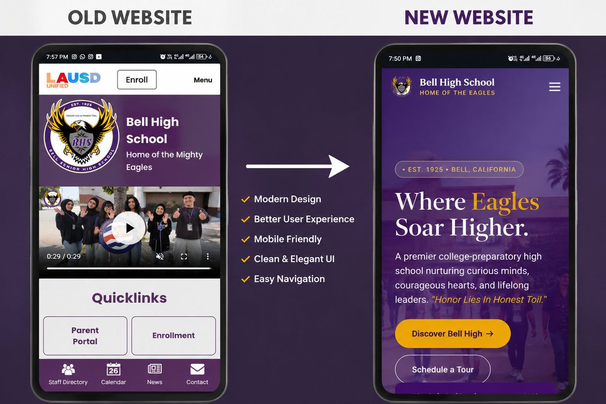 AlaminAbdu85154's tweet photo. From outdated to modern 🎓✨

Redesigned Bell High School with a cleaner UI, better UX, and a modern mobile-friendly experience.

Old vs New 👀

#webdesign #uidesign #websiteredesign #aiwebdesign https://t.co/BlwkWap2df