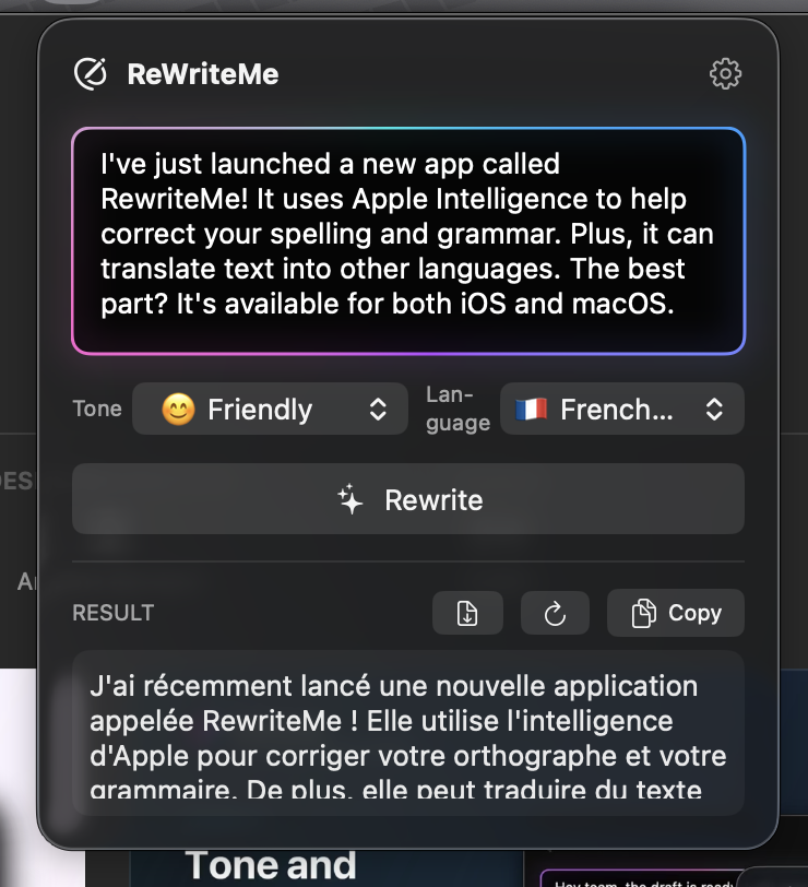 _ant_one's tweet photo. I've just launched a new app called ReWriteMe: AI Writer! It uses Apple Intelligence to help correct your spelling and grammar. Plus, it can translate text into other languages. The best part? It's available for both iOS and macOS.
https://t.co/efj1YXy5t9 https://t.co/EoUnW8vJCo
