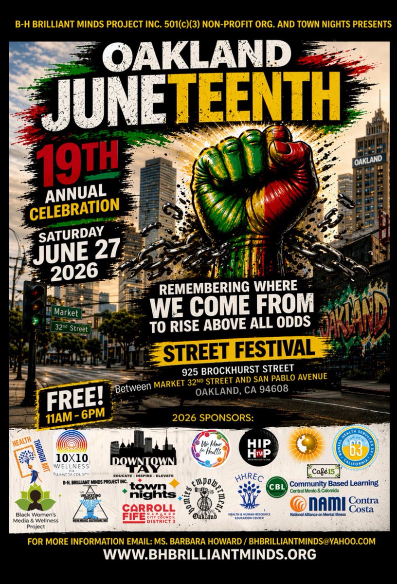 teolol's tweet photo. So excited to share that Oakland’s Juneteenth Festival, going on its 19th year, is taking place June 27th in the community! This one spearheaded by Sister Barbara Howard @barbarahoward8920 and @bhbrilliantmindsproject_inc is a piece of community care! 

It is filled with culture! https://t.co/SA8rntR15r