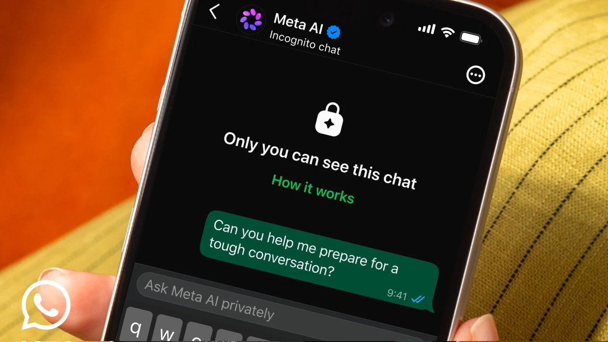 TechVersusX's tweet photo. Meta launched Incognito Chat with Meta AI a private, temporary AI conversation mode. Messages vanish by default and even Meta can't access them. https://t.co/tEBCu4THxO