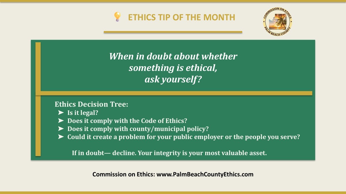 PBCCOE's tweet photo. Ethics Tip of the Month: What would you do when faced with an ethical dilemma? Learn these four important questions. Then, visit us online: https://t.co/XZI63WMWS3 
#AskFirstActLater #OneEthics #EthicsMatters #EthicsDecisionTree https://t.co/Lwb7oyUn3M