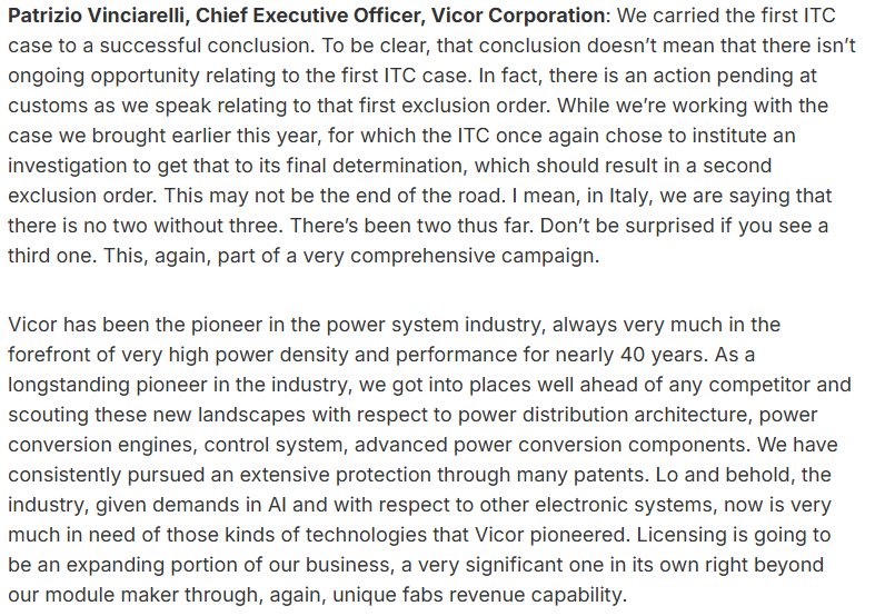 Lib_Capital's tweet photo. Some interesting snippets from $VICR's recent earnings call. 

The co is really head and shoulders above the competition. Appears to be a true leader in its field with the IP to prove it.

Shout out to @joedab12 for his great research on the name. https://t.co/z8S8P8FI2r