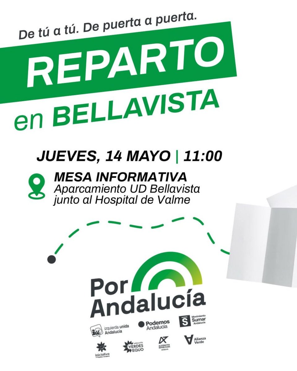 iusevillaciudad's tweet photo. Vamos a por el Día 14 de campaña de @PorAndaluciaOrg 💪🏼

Estas son las actividades de mañana, 14 de mayo, en la ciudad de #Sevilla 

¡Únete a las y los voluntarios con petos verdes! 💪🏼

Lo tenemos claro, #PorAndalucia es la alternativa real ✨

El #17M vamos con @MailloAntonio 🗳️ https://t.co/DP9lJynIp1
