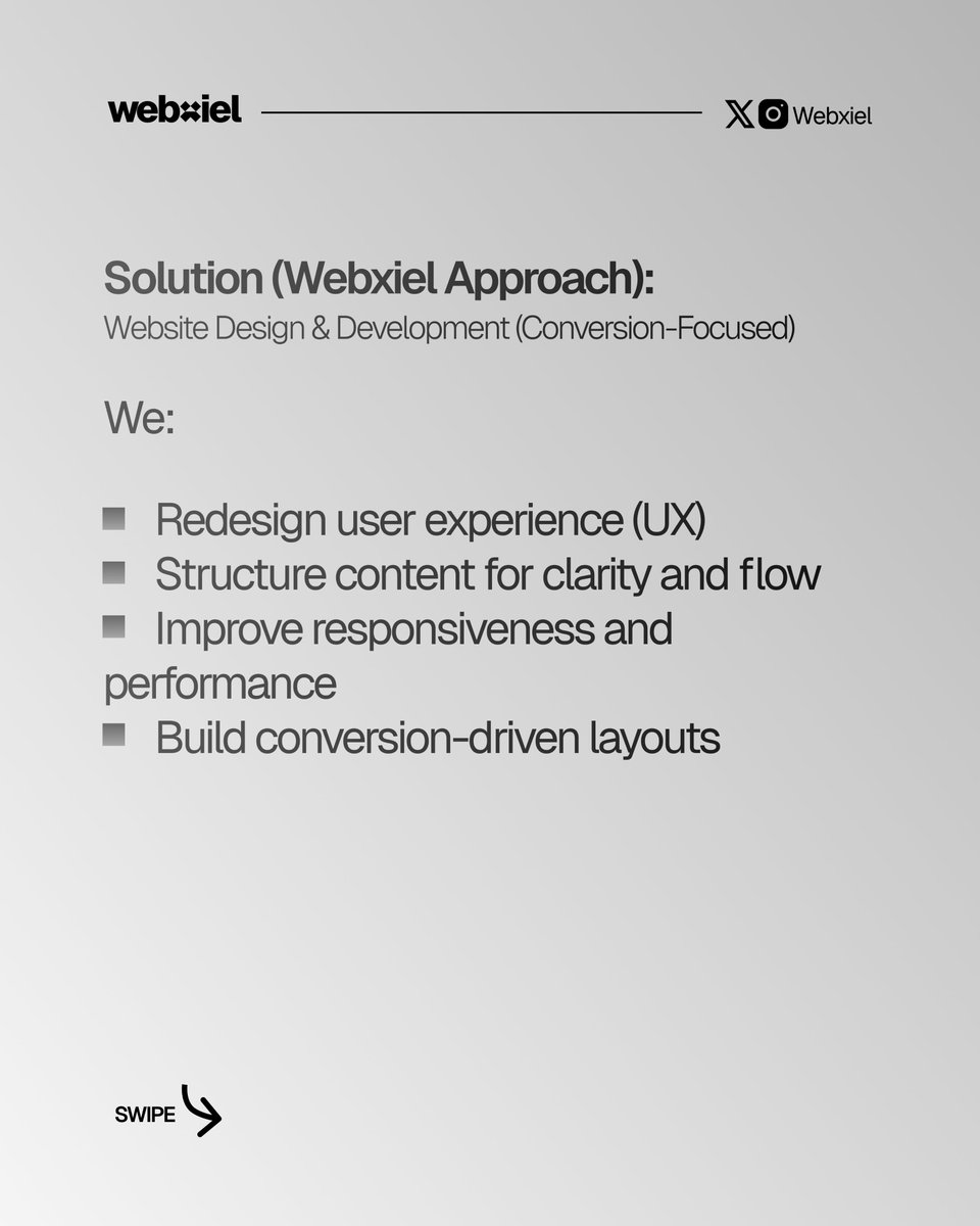 webxiel's tweet photo. You have a website, but it’s not converting. People are visiting, clicking around, maybe even spending time on the page, but they’re not taking action.

That usually means the problem isn’t traffic. It’s what happens after people arrive.

Your website might be:

* Confusing visitors
* Lacking clear direction
* Weak in messaging
* Slow or difficult to navigate
* Or failing to build trust quickly enough

A website shouldn’t just look good. It should guide people toward a decision. Because visibility without conversion is just expensive attention.

If your website isn’t turning visitors into customers, it may be time to fix the experience behind the click. Send us a DM.

#webxiel #b2b
