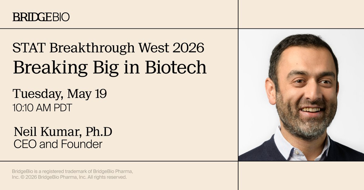 BridgeBioPharma's tweet photo. Building a biotech to last is the rarest of things in this industry. Our CEO Neil Kumar will sit down with @Insmed CEO Will Lewis and @statnews senior biotech columnist @AdamFeuerstein on May 19 at the #STATBreakthrough Summit West in San Francisco. They'll talk about what it takes to stay independent, remain focused, and let nothing come between you and the patients. See you there.