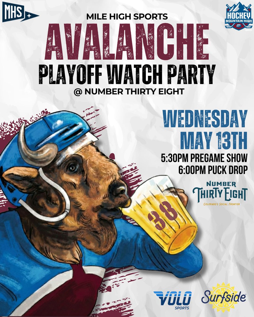 MileHighSports's tweet photo. The Avs are back at home, and we're back at Number Thirty Eight! 🍻

Join us to watch the Avs take on the Wild in Game 5! There will be a pregame live show, great food and drinks, and giveaways! 

YOU DON'T WANT TO MISS IT! 🏒 https://t.co/694bpRIIvh