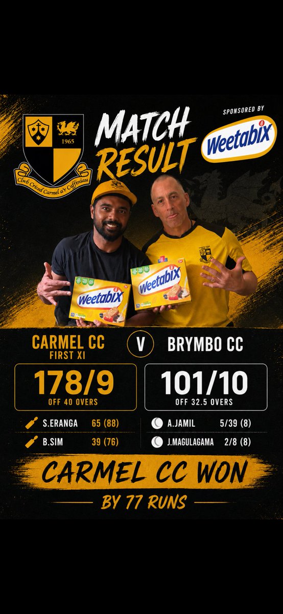 CarmelCricket's tweet photo. Weekend results 🖤💛 https://t.co/WrkHWuR0Qt