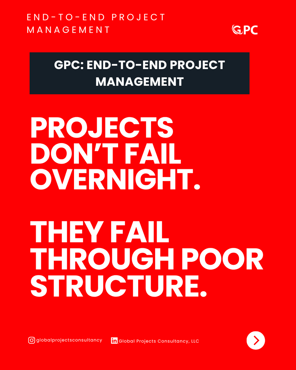 GlobalProjectsC's tweet photo. Many businesses struggle with projects that continuously run behind schedule, exceed budgets, or lose direction midway through execution.

GPC provides End-to-End Project Management Services designed to bring clarity, accountability, and control to every stage of your project. https://t.co/U8Ul2JRzC4