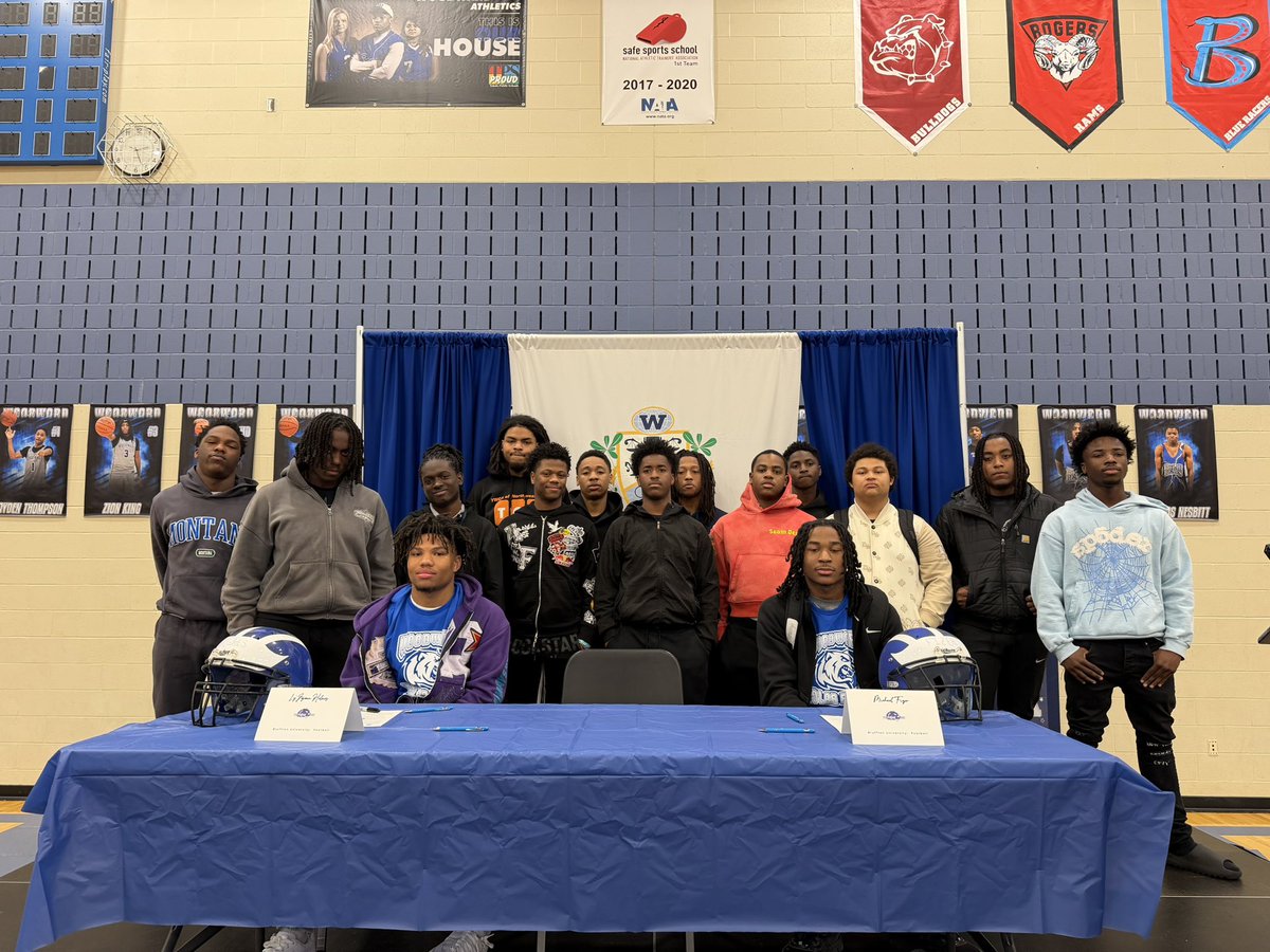 CoachDB_McNeil's tweet photo. One of my proudest moments as a coach. For the first time since 2017, Woodward High School has a football signing class. Congratulations to these two young men, Can’t wait to see them in purple and white next year! God is good! #DSO #NextLevelPolarBears #ChangeTheNarrative https://t.co/AbjWeprVSJ