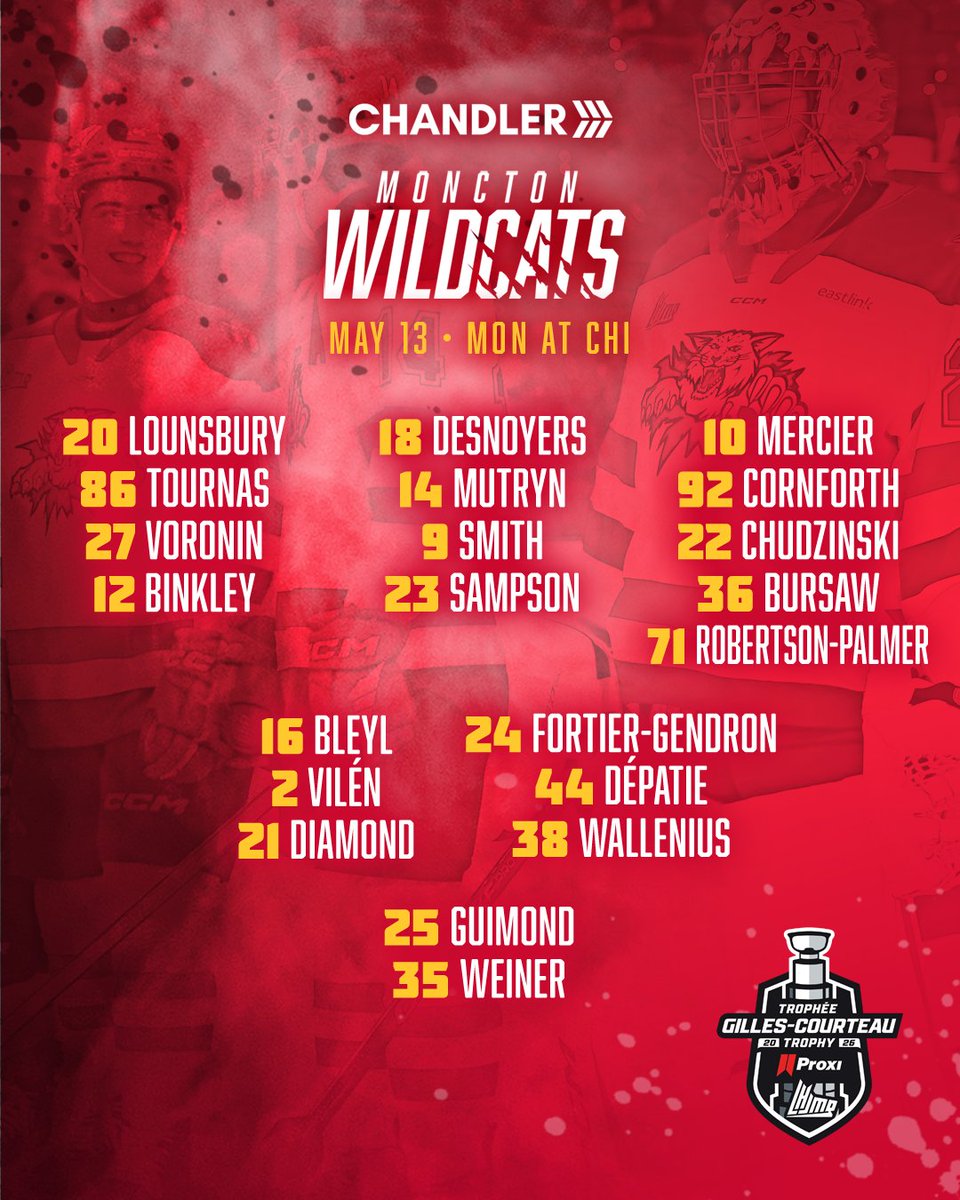 monctonwildcats's tweet photo. Tonight's lineup, presented by Chandler.
Catch the action on @FloHockey, @TSN_Sports or @RDSca at 8pm AT.
#RepeatTheRoar https://t.co/zKEaTeGnZA