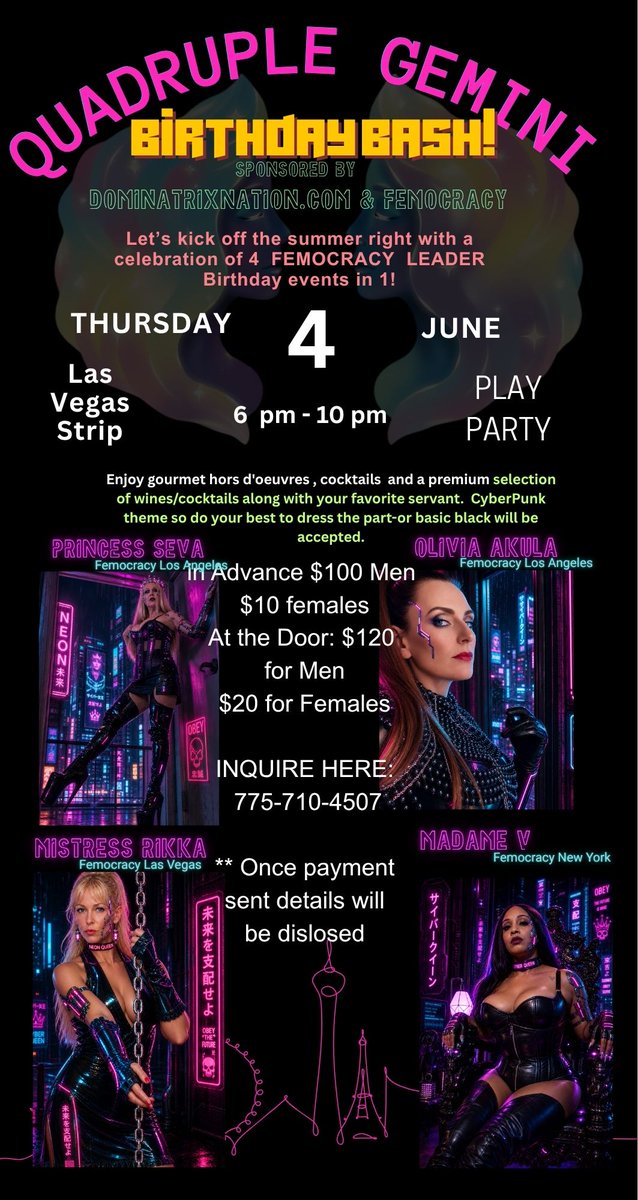 _MadameV's tweet photo. Quadruple Mistress Birthday Event-- June 4th on the Las Vegas Strip! Myself, @PrincessSeva @OliviaAkula and @MistressRikkaLV along with sponsorship by @DomNationX and @femocracyglobal . https://t.co/H1nBCEllrV