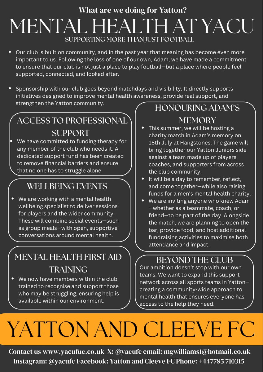 yacufc's tweet photo. Mental Health Week🧡

This is something really close to our hearts at YACU and we have a lot in the pipeline

We want this to go beyond football. We are privileged to be at the heart of our communities

Read more below and please get in touch👇

⚫️You are not alone🟠

#UpTheYACU https://t.co/aRjmzvqLrb