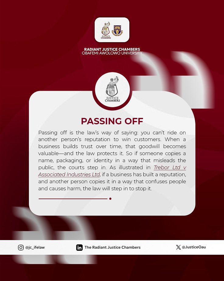 JusticeOau's tweet photo. Built trust and reputation? The law protects it through passing off.⚖️

Click the link below to learn more⬇️
https://t.co/TpGkyXBniq https://t.co/jRy0GOeDVR