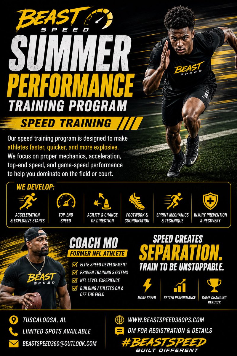 beast__speed's tweet photo. BeastSpeed 

🚨SUMMER REGISTRATION NOW OPEN 🚨

BEAST SPEED
Building Faster. Stronger. More Explosive Athletes.

#TrainLikeABeast
#SpeedTraining
#AthleteDevelopment
#PerformanceTraining
#FootballTraining
#SportsPerformance
#EliteAthlete 
#TuscaloosaAthletes https://t.co/YM38n6PR5t