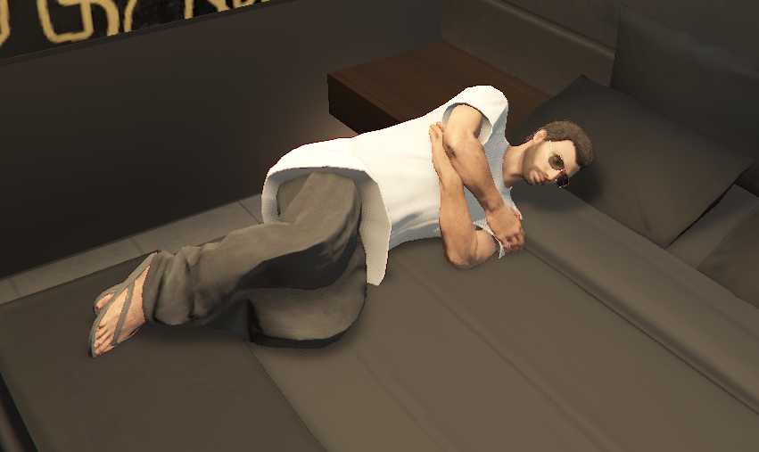 TiagoNizing's tweet photo. Rockstar's attention to detail never fails to amaze! The GTA Online character can sometimes lie in bed, hugging himself, probably missing and wanting the warmth of another person. This detail represents its player base perfectly, as they don't know what human warmth feels like https://t.co/wvIIlwlh67