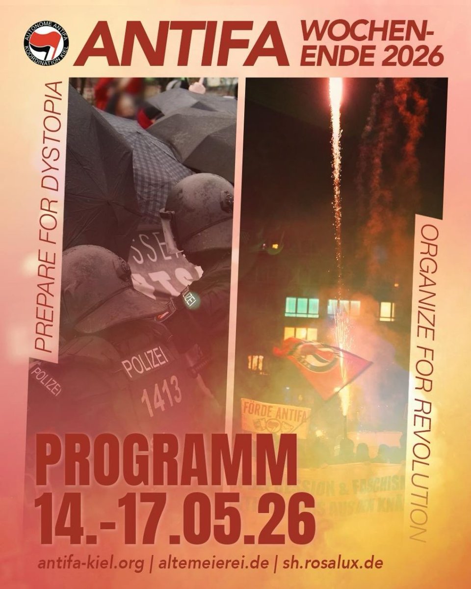 antifa_kiel's tweet photo. Am Donnerstag um 19 Uhr startet das #Antifa-Wochenende 2026 mit dem Antifa-Café in der Alten Meierei in #Kiel. Bis Sonntag gibt es dann jeden Tag Vorträge, Workshops und Vernetzung. Checkt das volle Programm und kommt vorbei: 
https://t.co/LzTebL7c8B #gogetorganized https://t.co/PSXMcFWjSS
