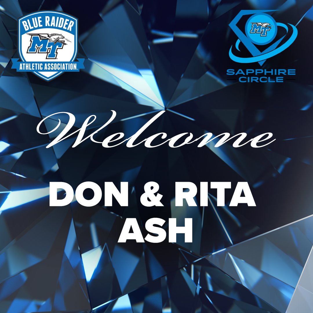 MTSUBRAA's tweet photo. Join the BRAA in celebrating our newest Sapphire Circle members whose generosity continues to make a lasting impact on @MTathletics. 

We are honored to welcome Don &amp; Rita Ash to the Sapphire Circle. Thank you for your incredible support &amp; commitment to MTSU Athletics! 💙 https://t.co/TUxDs0mfbj