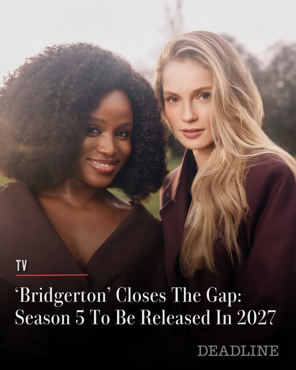 DEADLINE's tweet photo. During Netflix’s upfront presentation, it was announced that Season 5 of ‘Bridgerton’ will be released in 2027.

The new season, produced by Shondaland and based on Julia Quinn’s novels, spotlights the Bridgerton’s introverted middle daughter Francesca (Hannah Dodd) and her connection with John’s cousin Michaela (Masali Baduza).

More details: https://t.co/qaAdCkYhr2