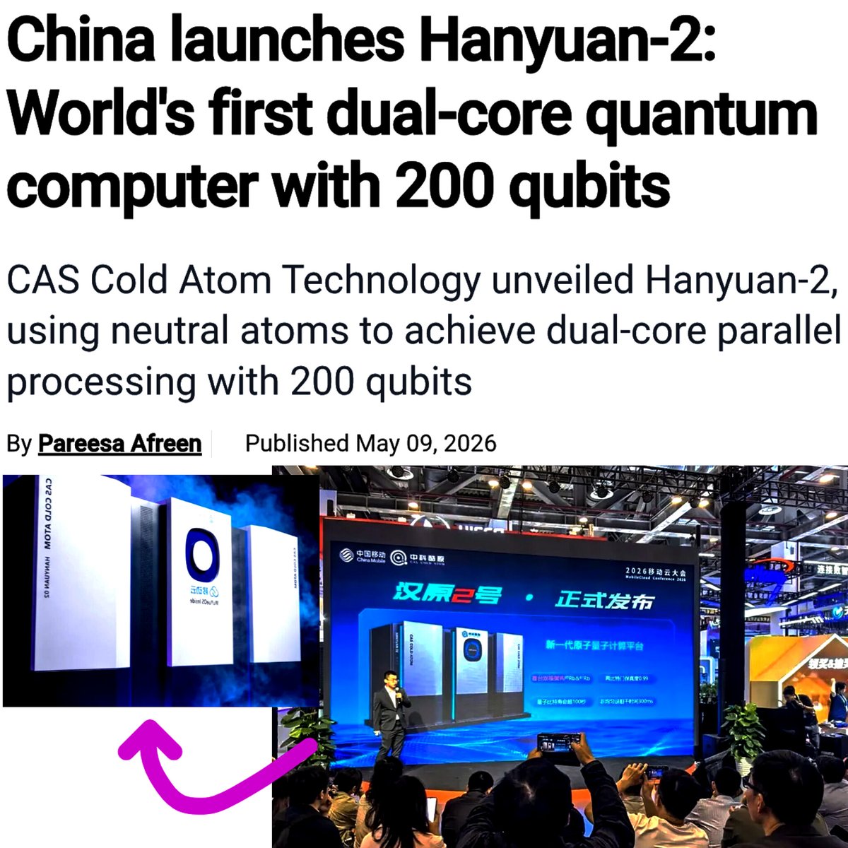 SciTechera's tweet photo. reminder

China has unveiled Hanyuan-2, a new 200 qubit neutral-atom quantum computer.

What makes it different is its dual core architecture, that combines 100 Rubidium-85 atom qubits and 100 Rubidium-87 atom qubits into two quantum processors that can work together in parallel.

The system uses precision lasers to control neutral atoms instead of relying on massive ultra-cold superconducting setups and reports say it consumes less than 7 kilowatts of power.

Researchers say the dual-core design could improve stability and reduce quantum noise, one of the biggest barriers preventing quantum computers from scaling into truly useful machines.

The important breakthrough here may not just be the “200 qubits,” but the shift toward modular multicore quantum computing, similar to how classical computers evolved from single-core to multicore processors.

In other words, quantum computers are starting to evolve from fragile laboratory experiments into scalable computing architectures.

Humanity is now coordinating individual atoms with lasers to build the future of computation 👽👀''