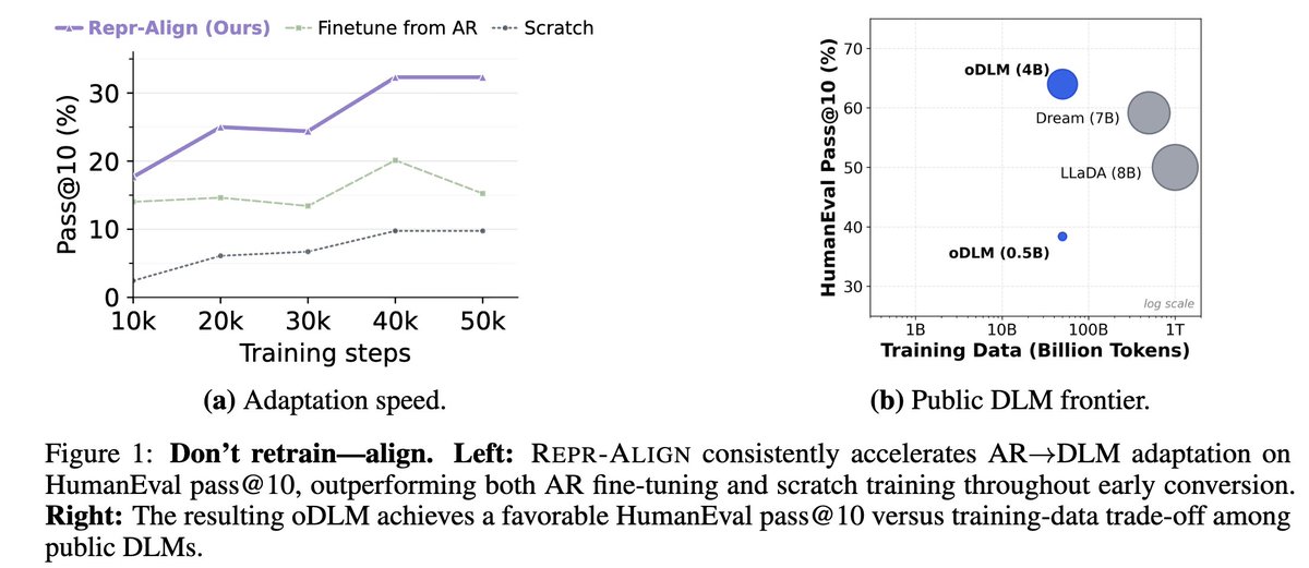 pengzhangzhi1's tweet photo. How to Train Diffusion LLM more efficiently?

Our paper has an answer for you:
Don’t Retrain, Align: Adapting Autoregressive LMs to Diffusion LMs via Representation Alignment

Diffusion language models are becoming increasingly attractive: they support bidirectional generation, non-sequential decoding, and flexible editing.

But training them from scratch is expensive.

So a natural question is:

If we already have strong pretrained autoregressive LMs, do we really need to relearn all language representations for diffusion LMs?

We argue: probably not.

Our view is that AR→DLM conversion should not be treated as learning language from scratch again. Much of the semantic structure is already inside the AR model. What changes is the generation order and denoising behavior.

So instead of only continuing denoising training, we explicitly preserve the representation geometry of the AR model.

We introduce REPR-ALIGN: during masked diffusion training, we align the hidden states of the DLM to a frozen AR teacher of the same architecture, layer by layer, using cosine similarity.

No adapters.
No architectural changes beyond the attention mask.
Just representation alignment + masked denoising.
The result: up to 4× training acceleration in our setting, with especially strong gains in low-data regimes.
The main takeaway is simple:

Don’t retrain the representation space from scratch.
Align it, and let the model relearn the decoding path.

Paper: https://t.co/djnfVWYRco
Code: https://t.co/SKYEBToFFW

Work done with an amazing undergrad @alexisfox and advisors @Anru_Zhang @AlexanderTong7