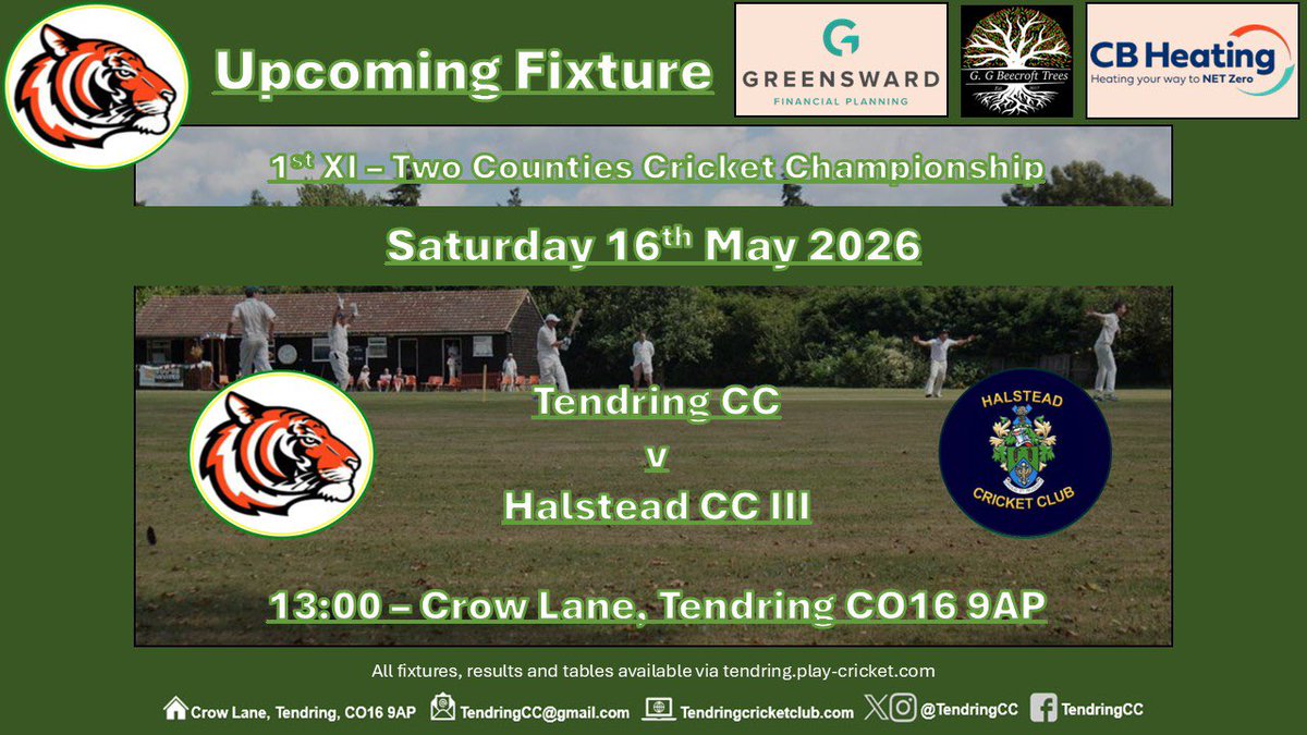 TendringCC's tweet photo. Two home games this week.  The 1st XI face Hallstead 3rd XI.  The Sunday fixture is a T20 friendly against The Crown. https://t.co/cWXM0Ax3Gp