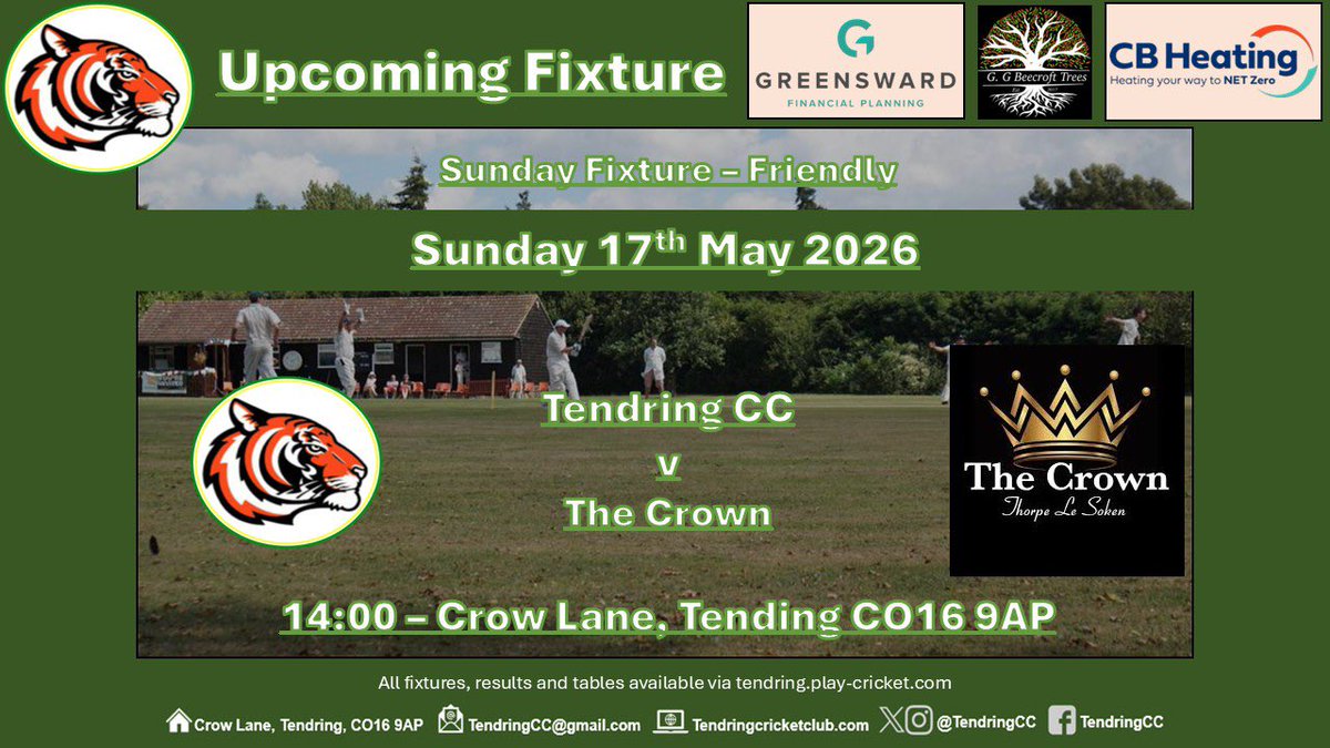 TendringCC's tweet photo. Two home games this week.  The 1st XI face Hallstead 3rd XI.  The Sunday fixture is a T20 friendly against The Crown. https://t.co/cWXM0Ax3Gp