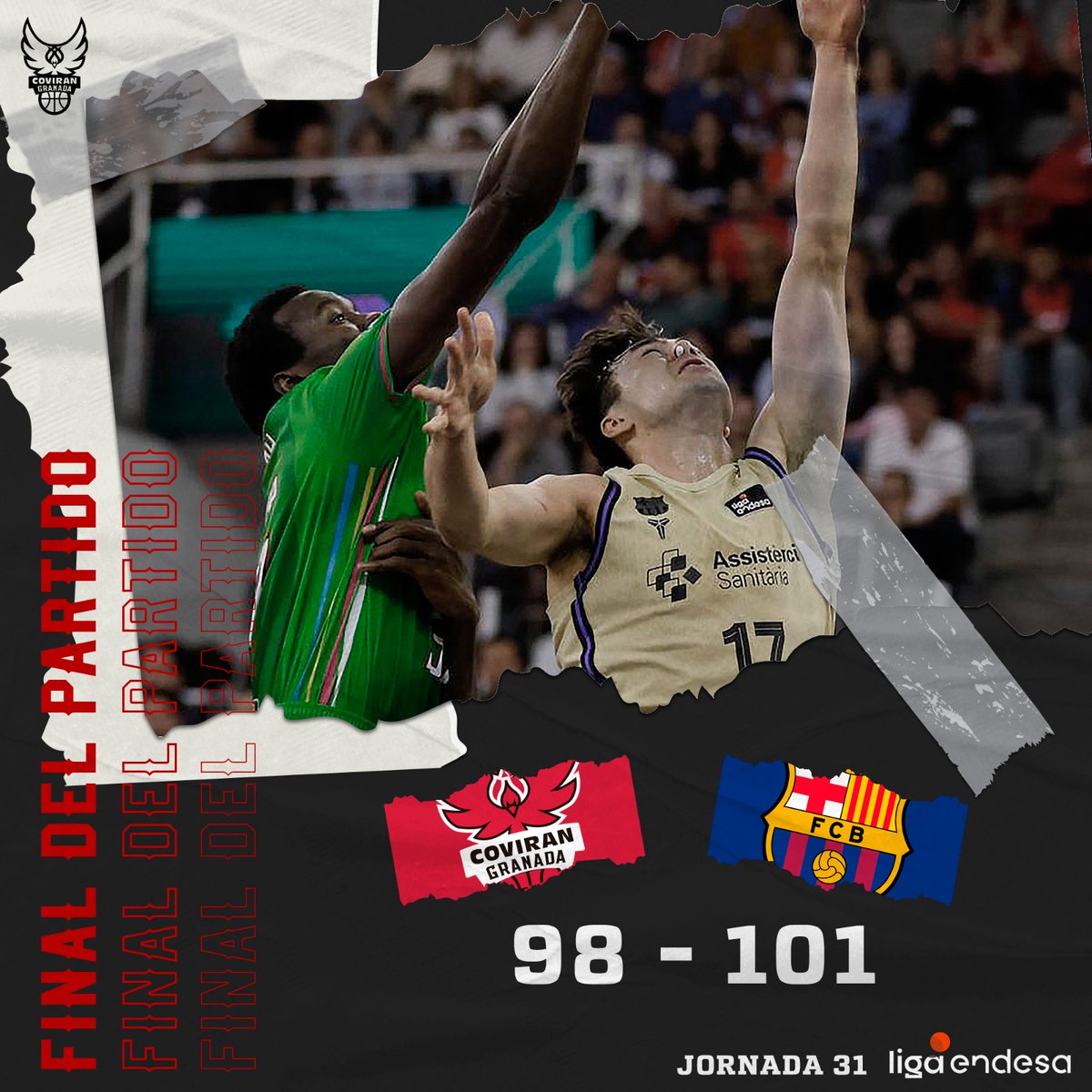 CoviranGranada's tweet photo. 4Q || Final del partido.

❤️ Coviran Granada 98.
🆚 @FCBbasket 101.
🏆 Liga Endesa.
📍 Palacio de Deportes.
🫶 Orgullo de equipo. Orgullo de afición.

#ContigoFundación https://t.co/wB3SXX5Za4