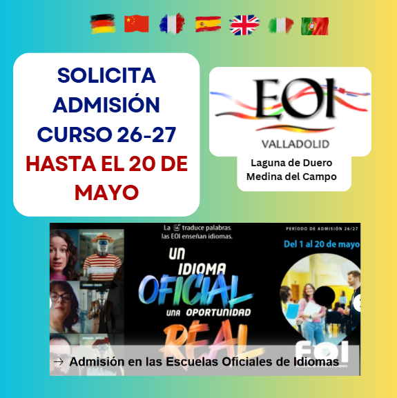 EoiValladolid's tweet photo. Te esperamos en @eoivalladolid #LagunadeDuero #MedinadelCampo. Solicita plaza para el curso 26-27 hasta el 20 de mayo. #LasEOIenseñanIdiomas
@educacyl @cfievalladolid https://t.co/FOHcVvp1Am