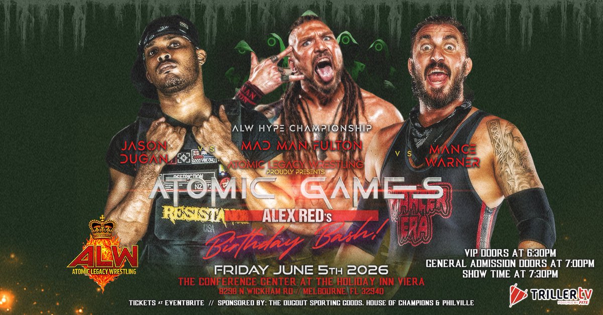 WrestlingAtomic's tweet photo. 👊 MATCH ANNOUNCEMENT 👊 

FRI JUNE 5TH! VIERA FLORIDA!

ALW @WrestlingAtomic

@JD32796 vs. @FultonWorld vs. @ManceWarner 

Tickets:
https://t.co/gpEkLo8NZf https://t.co/CZpwfWviCM