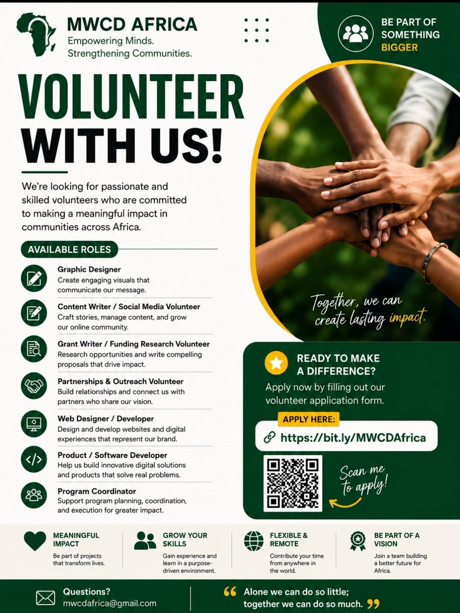 MWCDAFRICA's tweet photo. Call For Volunteers — Join Mental Wellbeing and Community Development Foundation's Team.

We’re looking for committed volunteers who are passionate about impact and want to support our work in meaningful ways. If you have skills or interest in any of the areas below, https://t.co/suKynNsMpQ