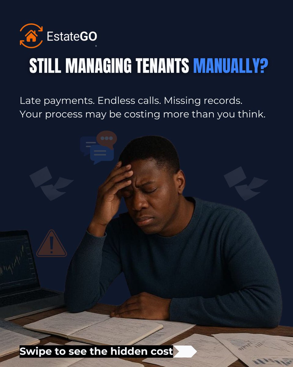 EstateGoApp's tweet photo. Still managing tenants manually? It’s costing you time and money.  
Smart landlords are switching to systems that cut delays, stress, and revenue leaks.  
Are you managing your property… or is the chaos managing you?  

EstateGO#EstateGO #PropertyManagement #TenantManagement https://t.co/QckRkpKcLc