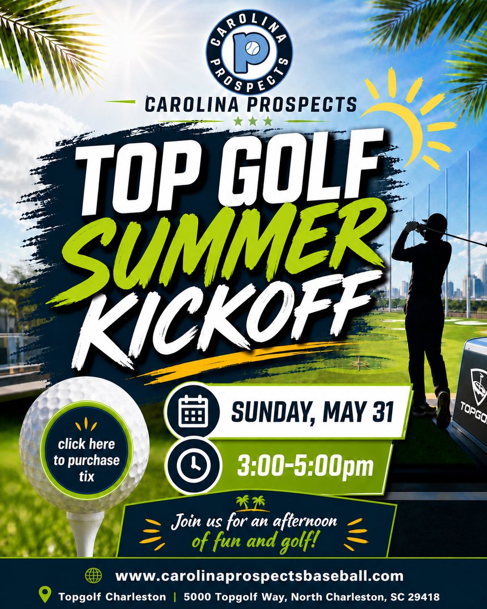 CarProspects's tweet photo. Join us for an afternoon of food, fun, and Top Golf competition. We will kickoff the 2026 summer season with family and friends to support the Prospects. Go to https://t.co/flgYzbhxrU for details and to purchase tickets. #topgolf #prospects #baseball https://t.co/sSnjqvUgy2