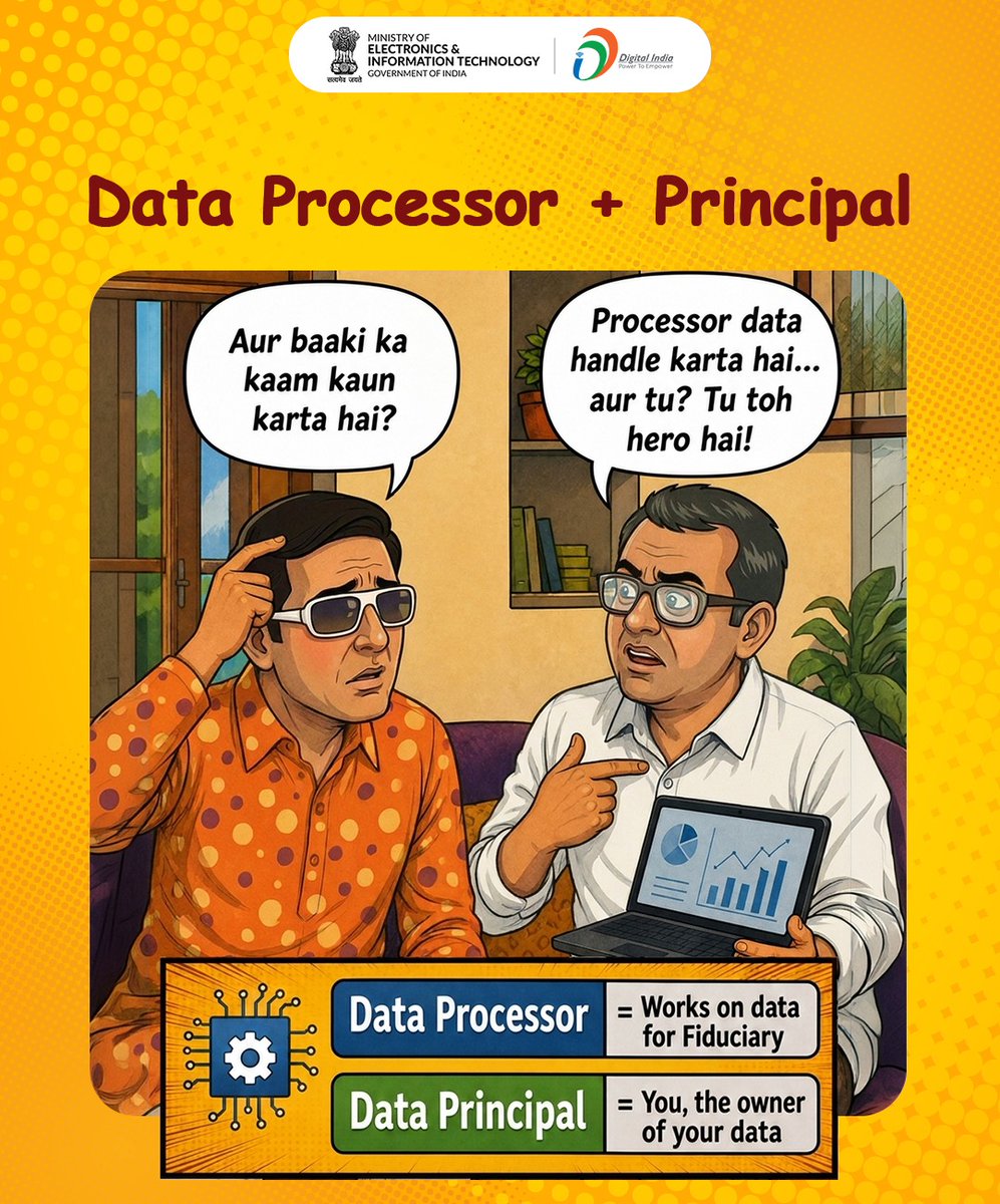 GoI_MeitY's tweet photo. Raju Bhaiya ko tab doubt hua jab ek simple app ne usse uske phone ka pura access maang liya — contacts, photos aur location tak!
Aur yahi se samajh aata hai ki aaj ke digital world mein data kitna important hai.
#DigitalIndia #DPDPAct2023 #DataProtection #CyberAwareness https://t.co/hsSesysX1X