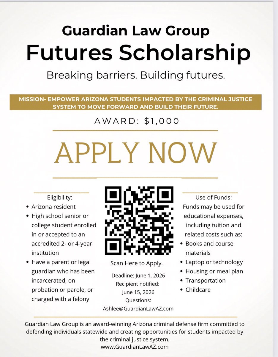 GuardianLawAZ's tweet photo. 🎓 Only a few weeks left to apply for the Guardian Law Group Futures Scholarship 2026.

One Arizona student will receive $1,000 scholarships designed to help with real educational expenses beyond tuition.

Apply here: https://t.co/uRNx0WorNZ https://t.co/Q57Gx3OnOx