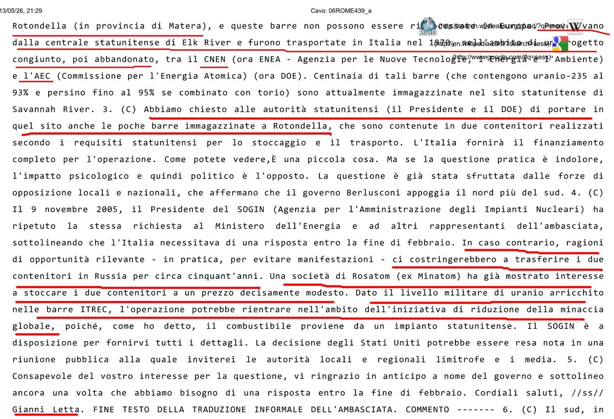 Wikileaks_Ita's tweet photo. #PlusD Questa è la storia di 64 barre di ☢Uranio-Torio esaurito #USA🇺🇸 di Elk River rifilate all'#Italia🇮🇹 nel 1970, stipate a Rotondella di Matera e che lo zio Sam non vuole più..
La lettera di Gianni #Letta all'Ambasciatore..
#RISERVATO 2006 https://t.co/NwyjBdSbvw