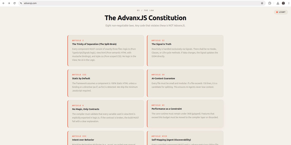 _rahuldodwe's tweet photo. DX is dying. AX (Agent Experience) is the future. 🤖🛡️
Modern frameworks were built for humans. But today, AI is writing the code.
I’m excited to launch AdvanxJS: The world’s first Agent-Native frontend framework.
A thread on why this changes everything... 🧵👇 https://t.co/vrsTMDPyDZ