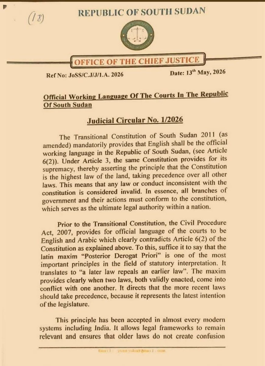 Cholatak's tweet photo. Chief Justice directs judges to write rulings in English from June 1, 2026

The Chief Justice has issued a directive requiring all judges in South Sudan to write their judgments in English, effective June 1, 2026. https://t.co/98Rr9dH1Ih