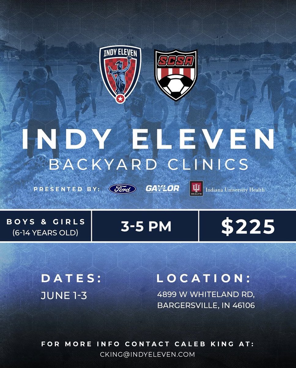 SCSA_Soccer's tweet photo. ⚽️ Indy Eleven Backyard Clinics

Join us June 1–3 for quality training, player development, fundamentals, and lots of touches on the ball.

Sign up 2 players and get 20% off the 2nd registration. https://t.co/3nokETzJJk
