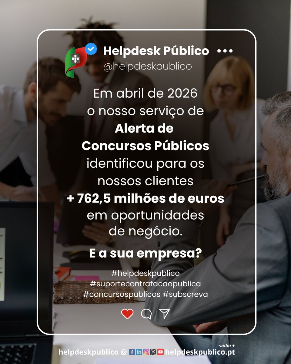 helpdeskpublico's tweet photo. +762 milhões € em oportunidades alertadas num só mês.
Se quer trabalhar com o Estado, mas não quer perder concursos importantes, este alerta é para si.
Alerta de Concursos Públicos – Helpdesk Público
👉 https://t.co/F2jypy4s5F
#concursospublicos
#venderaoestado
#helpdeskpublico https://t.co/oVTNOLdQ2k