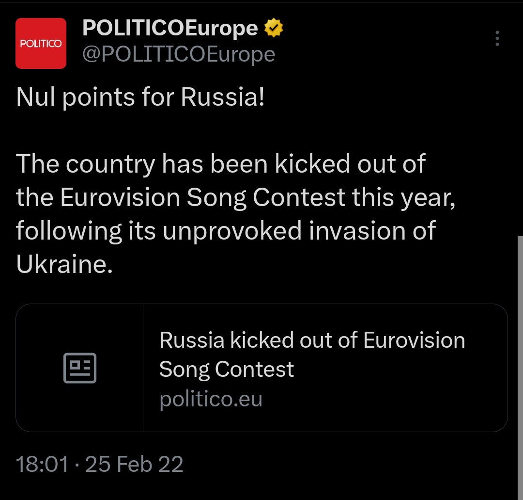 evegeddie's tweet photo. Spot the difference in @POLITICOEurope's Eurovision coverage:

In 2022, Russia's "unprovoked invasion" led to it being "kicked out of Eurovision".

In 2026, Israel's "military operations" lead it to being "embroiled in a societal clash...fuelling concerns about antisemitism". https://t.co/rJ8yF1u9k6
