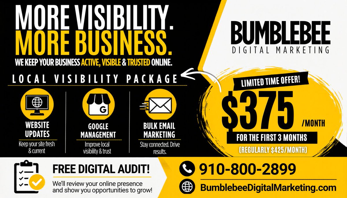BumbleBeeDM's tweet photo. Your business may already be GREAT… but if people can’t easily FIND you online, trust you online, or see consistent activity online… you may still be getting overlooked. That’s exactly why we created our LOCAL VISIBILITY PACKAGE. https://t.co/1M87iI2Vil https://t.co/ejsP54rbZE