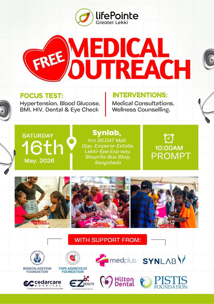 jekayode's tweet photo. Healthcare should not be a luxury.

If you live in Ajah, Sangotedo, Awoyaya, Lakowe, or nearby communities, join us for a FREE medical outreach in commemoration of World Hypertension Day.

🩺 Blood Pressure Check
🦷 Dental Consultation
👁️ Eye Screening
🩸 Malaria Testing
👨🏽‍⚕️ General Medical Consultation

📍 9 Synlab, Km 28 DAT Mall, Sangotedo
📅 Saturday, 16 May 2026
⏰ 10:00 AM

One check can save a life.

Please repost and tag someone in Ajah, Sangotedo, Awoyaya, or Lakowe.

#WorldHypertensionDay #FreeMedicalOutreach #LifePointe