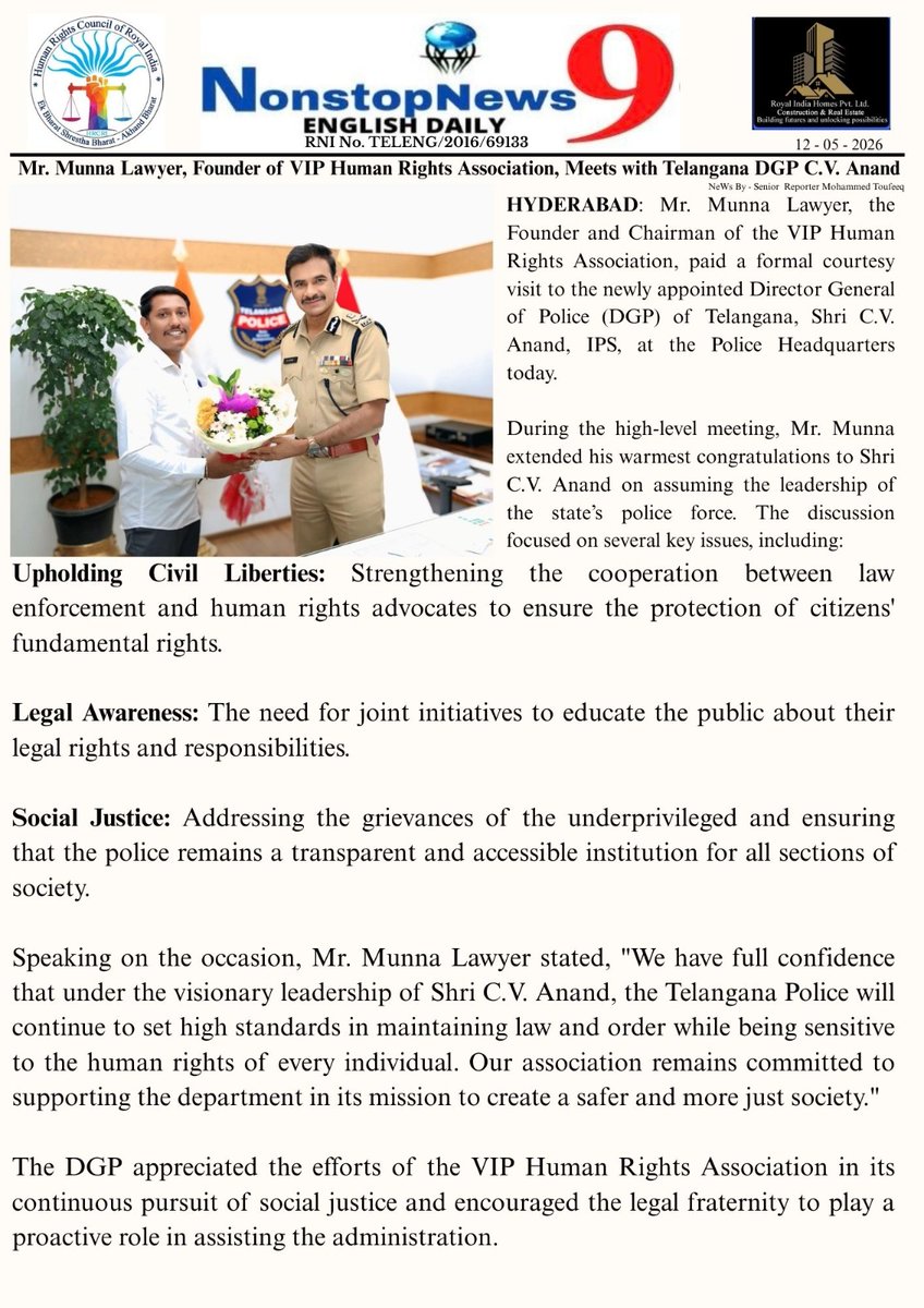 RightsVip's tweet photo. 💐🚨Honored to meet Shri C.V Anand sir, DGP Telangana Police, at the Police Headquarters. Heartiest congratulations to him on assuming charge as the Director General of Police, Telangana.
#humanrightsmunna #viphumanrightsassociation https://t.co/Ckq07VxdcR
