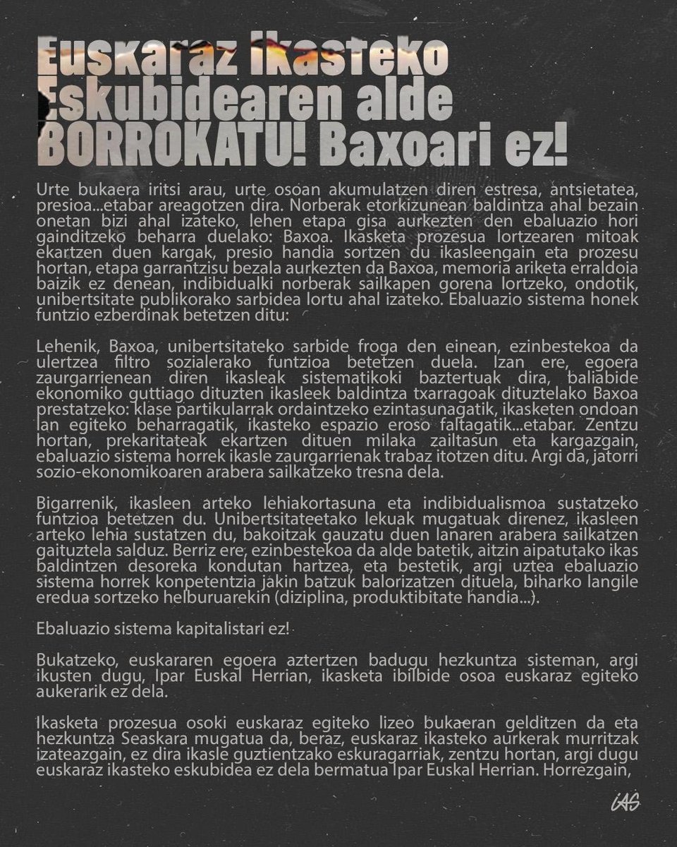 baionako_IAS's tweet photo. Ipar Euskal Herrian euskaraz ikasten dugun ikaleoi Baxoa euskaraz pasatzea ukatzen zaigu. Zentzu hortan, desobedientziara joko duten ikasleeri sustengua helarazi nahi diegu eta dei egiten dugu mobilizatzen segitzea!

Euskaraz ikasteko eskubidearen alde borrokatu!
Baxoari ez! https://t.co/c8vDQHONcL