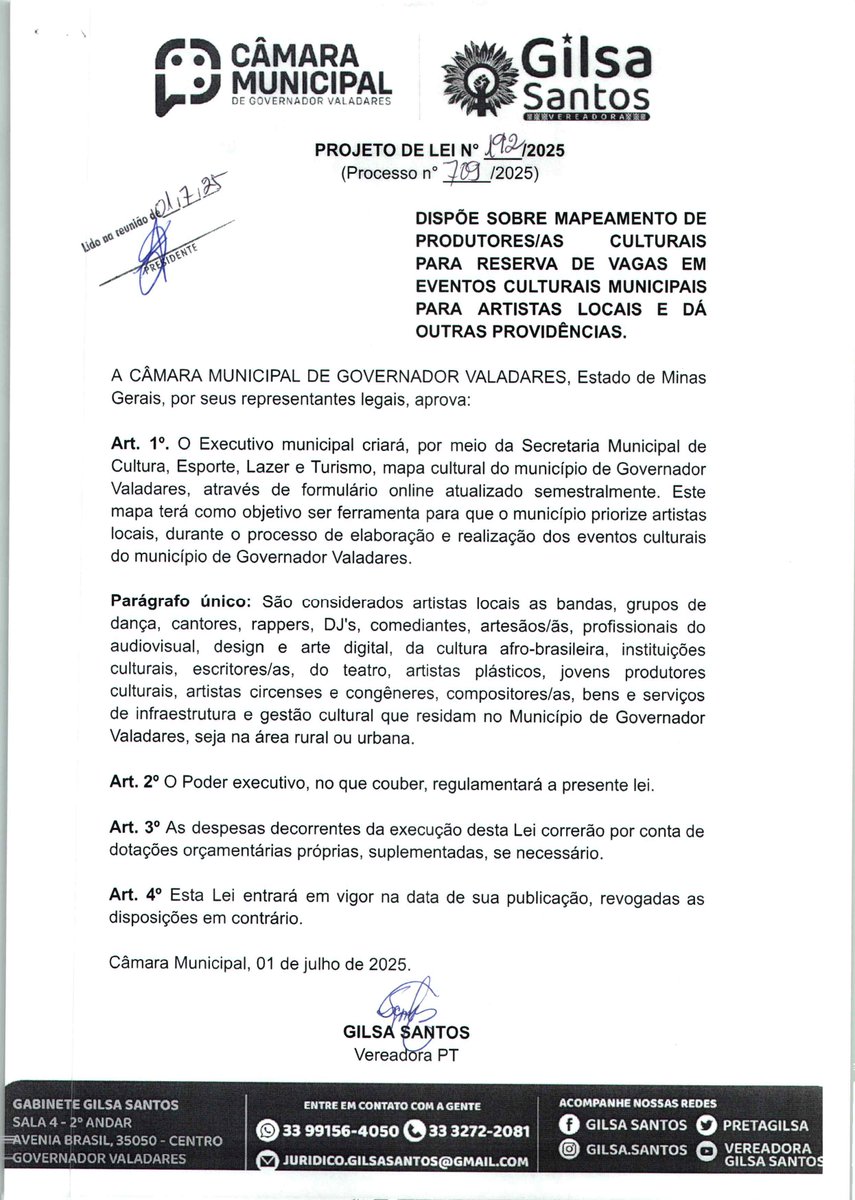 pretagilsa's tweet photo. APROVADO

Foi aprovado o nosso Projeto de Lei do Mapeamento de Produtores/as Culturais para reserva de vagas em eventos culturais municipais. A proposta fortalece e amplia oportunidades para artistas locais em eventos públicos de Governador Valadares. https://t.co/oiJtcSUiiT